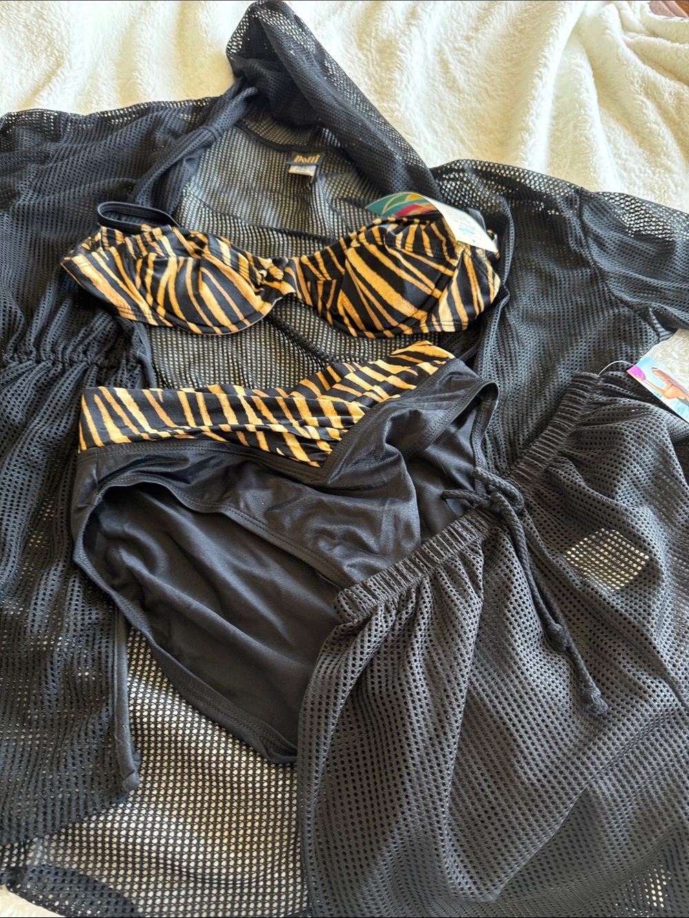 Dotti Black Bikini Set with Gold Tiger-Stripe Accents and Mesh Cover-Up